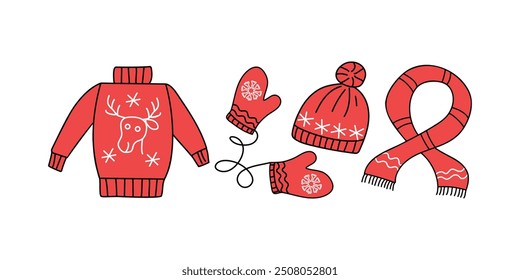 Conjunto de ropa de punto cálido y acogedor. Suéter, sombrero, bufanda, guantes. Navidades ornamento, iconos de invierno, dibujos de doodle. Navidades, vacaciones. Ilustraciones sobre fondo aislado.