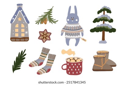 Set with warm, cozy winter elements highlighted on a white background. House,  knitted sweater, Ugg,  socks,gingerbread,hot drink in a cup, hare, Christmas tree,fir branches