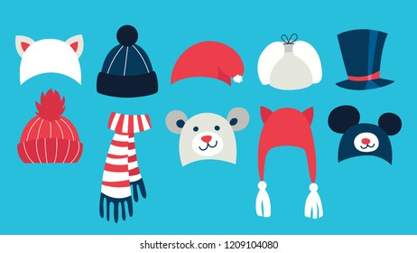Set of warm cute winter hat for cold season. Collection of fashion clothing for bad weather. Flat vector illustration