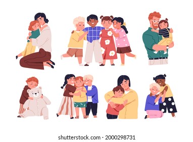 Set warm hugs between kids  parents   little friends  Happy child embracing mother  father   other diverse children and love  Colored flat vector illustration isolated white background