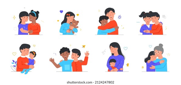 Conjunto de cálidos abrazos entre niños, padres y pequeños amigos. Los niños se abrazan con mamá, papá, oso de peluche y otras personas. Tensión y amor.Colección vectorial plana de dibujos animados aislada sobre fondo blanco