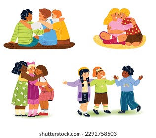 Conjunto de abrazos cálidos entre los niños. Los niños felices se abrazan fuertemente. Abrazo entre amigos preescolares y hermanos. Amor y ternura. Colección vectorial plana de dibujos animados aislada en fondo blanco