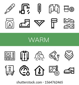 Set of warm icons. Such as Thermometer, Aroma, Hot water, Snow boots, Shawl, Coat, Scarf, Coffee capsule, Shoes, Water heater, Warming, Temperature, Hair dryer, Brightness , warm icons