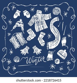 A set of warm knitted clothes. Monochrome vector illustration