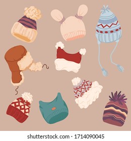 Set of warm, knitted and fur hats. Hyugge style on a light coffee background. Creative, vector illustration in scandy style.