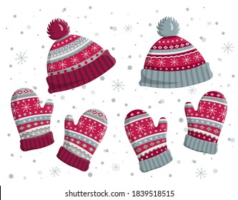 Set of warm knitted hats and mittens. Cute winter accessories cap and gloves isolated on white background. Vintage pattern wear design. Christmas flat vector illustration. 