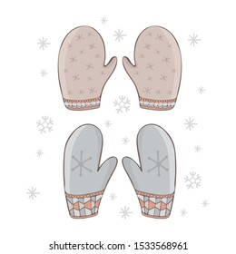 Set warm, knitted mittens in vector. Winter clothes. Sketch illustration with knitted mittens for clothes design. Hand drawn. Knitted gloves for celebration decoration design. Doodle