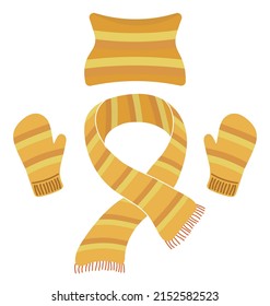 Juego de sombrero de rayas de punto caliente, bufanda y mitones. Ropa cálida para el frío aislada de fondo blanco. Ilustración vectorial de ropa cálida de moda en invierno.