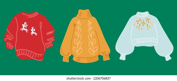 A set of warm knitted sweaters for the cold season. Sweaters with deer, braids and embroidery. Design element. Vector illustration in a flat style.