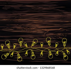A set of warm light bulb garlands, holiday decorations. The lamps. Glowing Christmas lights. Vector on wooden background.