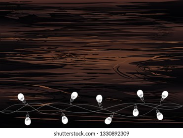 A set of warm light bulb garlands, holiday decorations. The lamps. Glowing Christmas lights. Vector on wooden background.
