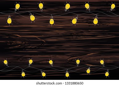 A set of warm light bulb garlands, holiday decorations. The lamps. Glowing Christmas lights. Vector on wooden background.