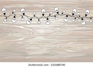 A set of warm light bulb garlands, holiday decorations. The lamps. Glowing Christmas lights. Vector on wooden background.