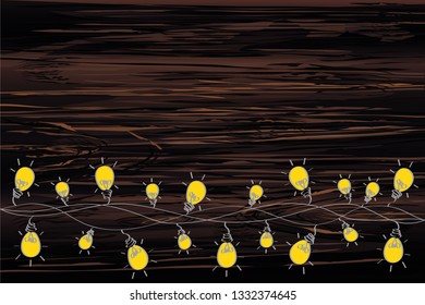 A set of warm light bulb garlands, holiday decorations. The lamps. Glowing Christmas lights. Vector on wooden background.