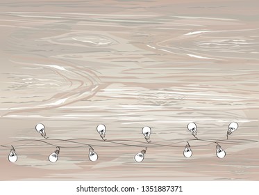 A set of warm light bulb garlands, holiday decorations. The lamps. Glowing Christmas lights. Vector on wooden background.