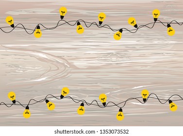 A set of warm light bulb garlands, holiday decorations. The lamps. Glowing Christmas lights. Vector on wooden background.