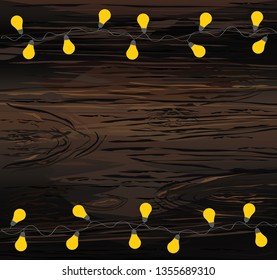A set of warm light bulb garlands, holiday decorations. The lamps. Glowing Christmas lights isolated on transparent background. Vector on wooden background.