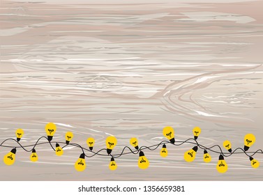 A set of warm light bulb garlands, holiday decorations. The lamps. Glowing Christmas lights. Vector on wooden background.