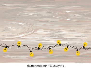 A set of warm light bulb garlands, holiday decorations. The lamps. Glowing Christmas lights. Vector on wooden background.