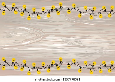 A set of warm light bulb garlands, holiday decorations. The lamps. Glowing Christmas lights. Vector on wooden background.