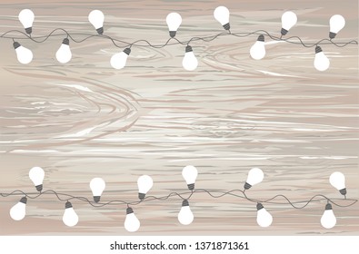 A set of warm light bulb garlands, holiday decorations. The lamps. Glowing Christmas lights. Vector on wooden background. Line. Contour