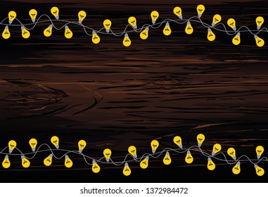 A set of warm light bulb garlands, holiday decorations. The lamps. Glowing Christmas lights. Vector on wooden background.