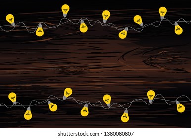 A set of warm light bulb garlands, holiday decorations. Glowing Christmas lights. Vector on wooden background.