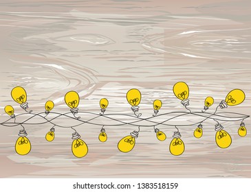 A set of warm light bulb garlands, holiday decorations. The lamps. Glowing Christmas lights. Vector on wooden background.
