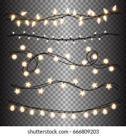 Set of warm light lamps garlands, festive decorations. Glowing christmas lights isolated on transparent background. Vector round, stars and little bulbs.