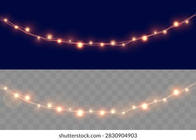 Set of Warm Orange Glowing String Lights on Blue and Transparent Background