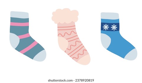 Set of warm socks, autumn or winter clothes element, vector