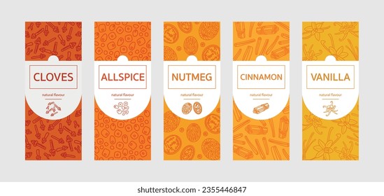 Especias calientes y dulces, etiquetas para jarras y botellas: clavos, alspice, nuez, canela, vainilla, ilustración vectorial