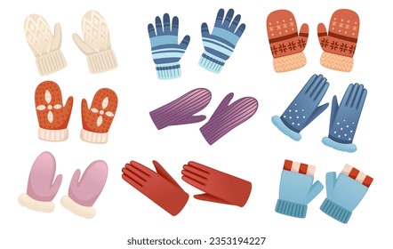 Set of warm textile pairs of winters gloves with different colors and texture vector illustration isolated on white background