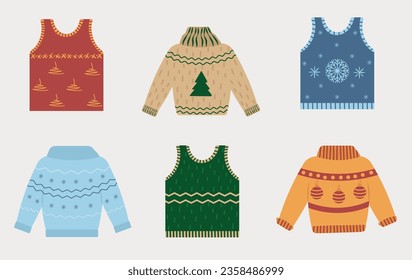 A set of warm vests and sweaters. Knitted clothes for cold seasonal weather, illustration for print. Vector illustration in flat style