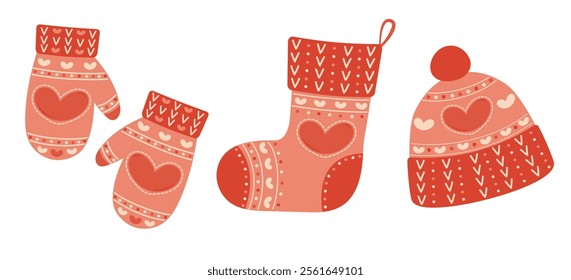 A set of warm winter accessory items. Cap mittens mittens sock.