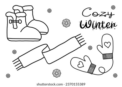 Set of warm winter accessory, suede slipper boots with fur, scarf and mittens, flat vector