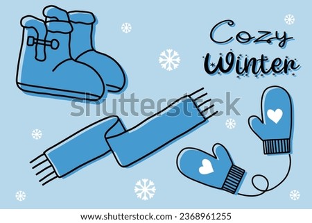 Set of warm winter accessory, suede slipper boots with fur, scarf and mittens, flat style vector