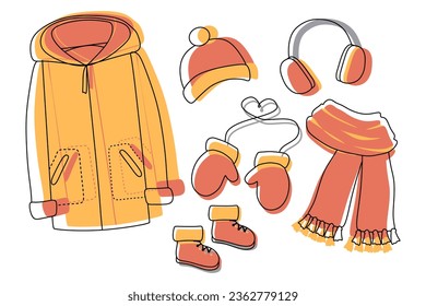 Set of Warm Winter or Autumn Clothes. Hat, Pair of Mittens, Coat and boots, Wool accessory. Vector isolated illustration. Flat and Linear Protective Garment for cold weather, holiday decoration.