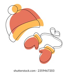 Conjunto de tela cálida de invierno. Sombrero y par de ilustraciones vectoriales de Mittens aisladas en blanco. Tela protectora de estilo plano y lineal para la decoración de otoño. Diseño arte colorido Guantes de punto y gorra