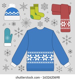 Set of warm winter clothes.