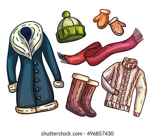 Set of warm winter clothes and accessories. Fashionable set clothes. Scarf, winter hat, winter coat, boots, warm gloves with fur. Vector illustration