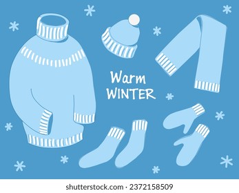 Set of warm winter clothes. Blue winter illustration in cartoon style.