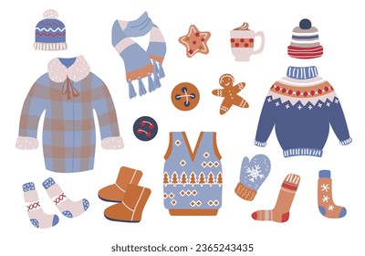 Set of warm winter clothes. Coat ,Sweater, Scarf ,Cap ,ugg, ,Scarf ,Mittens, Socks ,Vest.Vector illustration