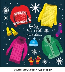 Set of warm winter clothes. Colorful sweaters cap gloves socks. Snowflakes on dark background. Isolated vector set.