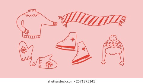 Set of warm winter clothes in cute doodle style, vector illustration. Hand drawn illustrations of scarf, sweater, hat, mittens and ice skates.