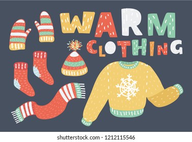 Set of warm winter clothes design. Scarf, winter hat with pompom, sweater, knitted socks, mittens, outerwear seasonal.