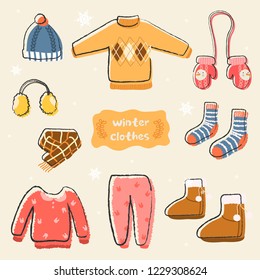 Set of warm winter clothes design. Knit and winter fashion, winter hat, winter pajamas, earmuffs and socks, muffler and glove and boot, outerwear seasonal illustration