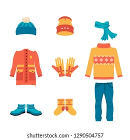 Set of warm winter clothes design. Scarf, winter hat, winter coat, jacket, socks, hat and glove, coat and boot, outerwear seasonal illustration. Vector illustration