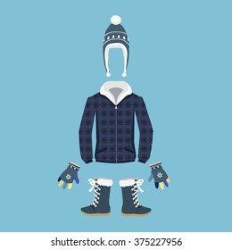 Set of warm winter clothes design. Winter fashion, winter hat, winter coat, cloth and hat, jacket and glove, coat and boot, outerwear seasonal illustration. Man winter clothes. Vector winter clothes