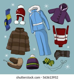 Set of warm winter clothes design. Scarf and winter fashion, hat, winter coat, cloth and hat, jacket and glove, coat, outerwear seasonal illustration